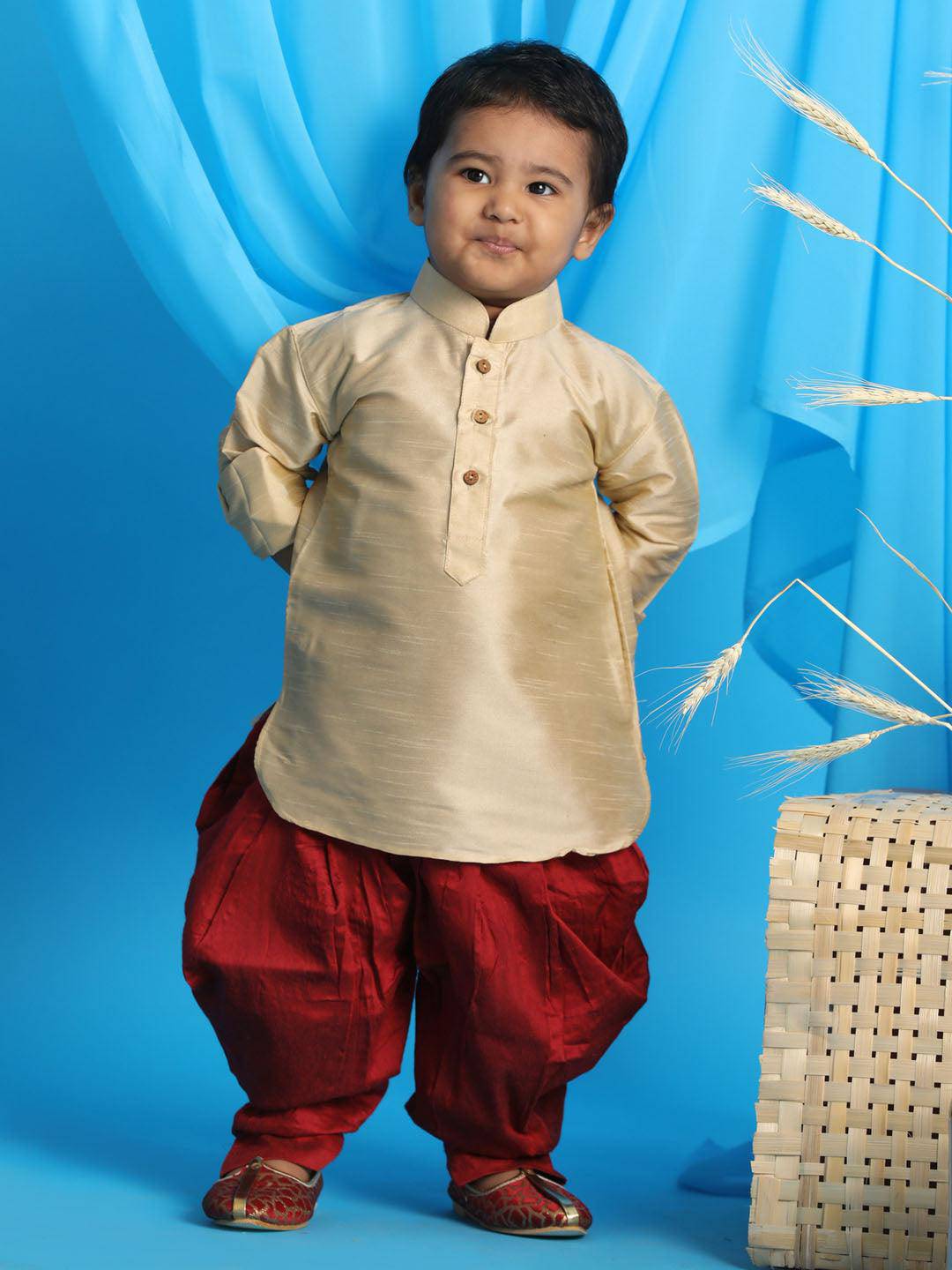 VASTRAMAY SISHU Boy's Gold Kurta And Maroon Cowl Dhoti Set - Uboric