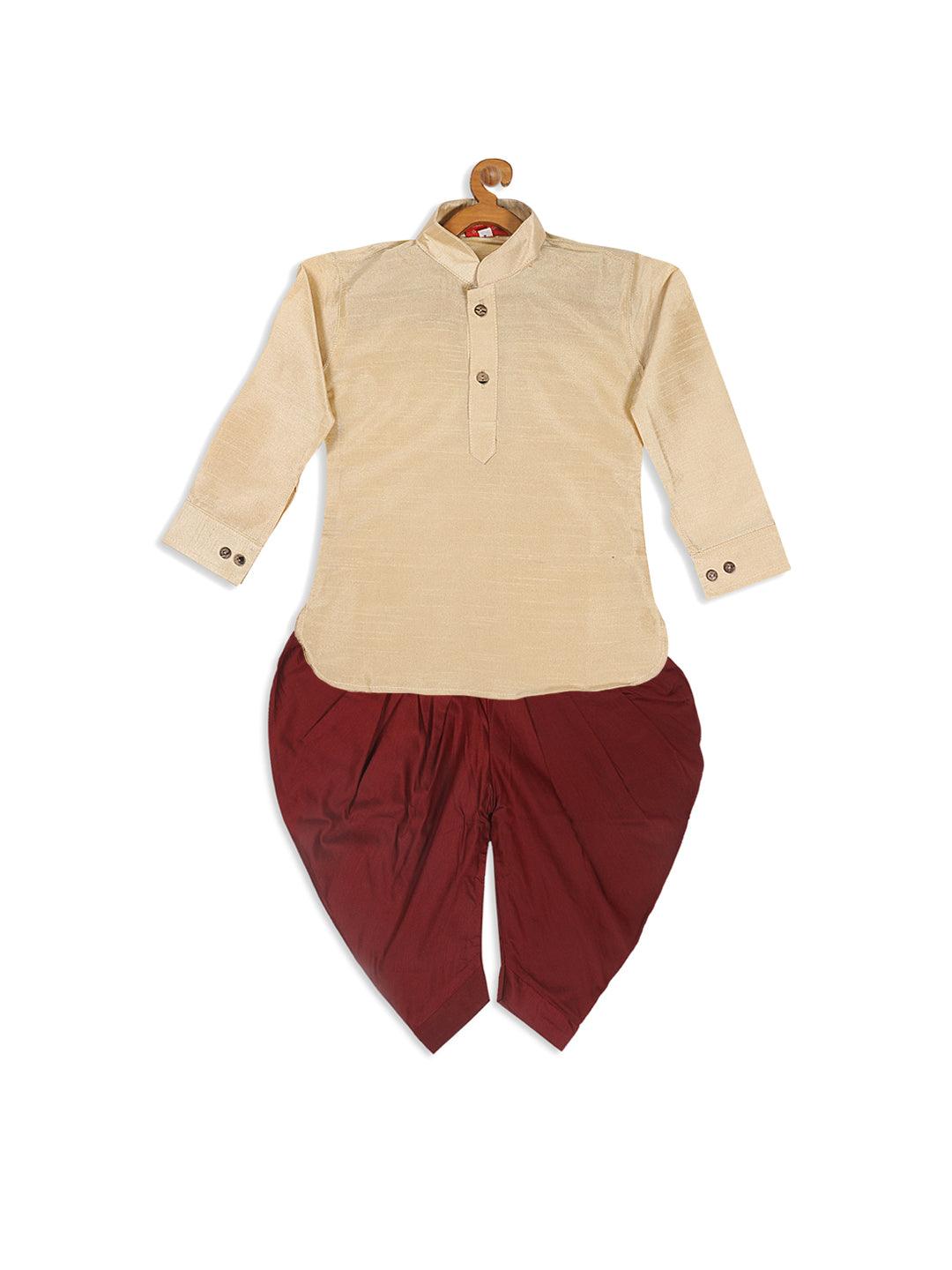 VASTRAMAY SISHU Boy's Gold Kurta And Maroon Cowl Dhoti Set - Uboric