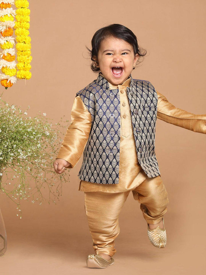 VASTRAMAY SISHU Boy's Gold-Toned & Blue Kurta with Pyjama & Nehru Jacket - Uboric