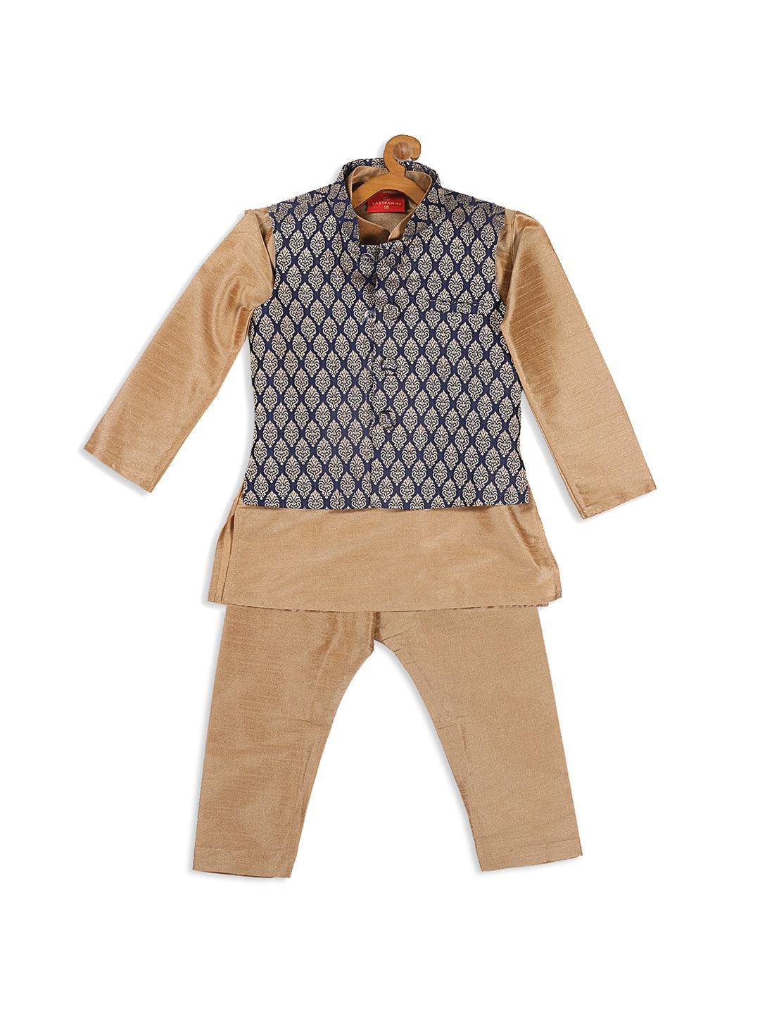 VASTRAMAY SISHU Boy's Gold-Toned & Blue Kurta with Pyjama & Nehru Jacket - Uboric