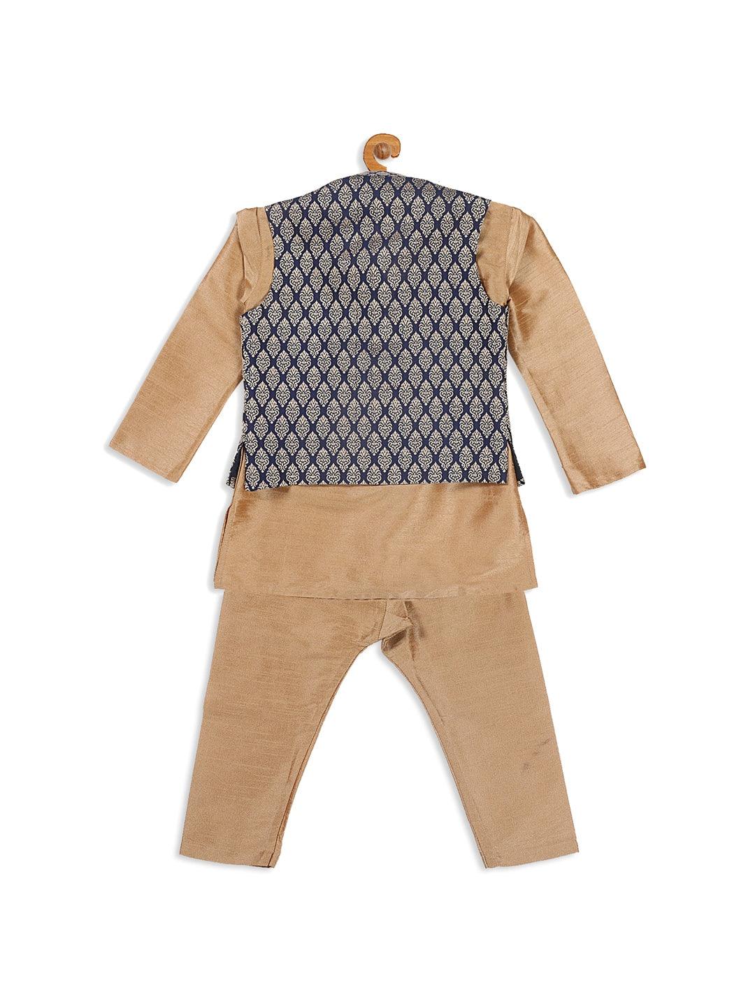 VASTRAMAY SISHU Boy's Gold-Toned & Blue Kurta with Pyjama & Nehru Jacket - Uboric