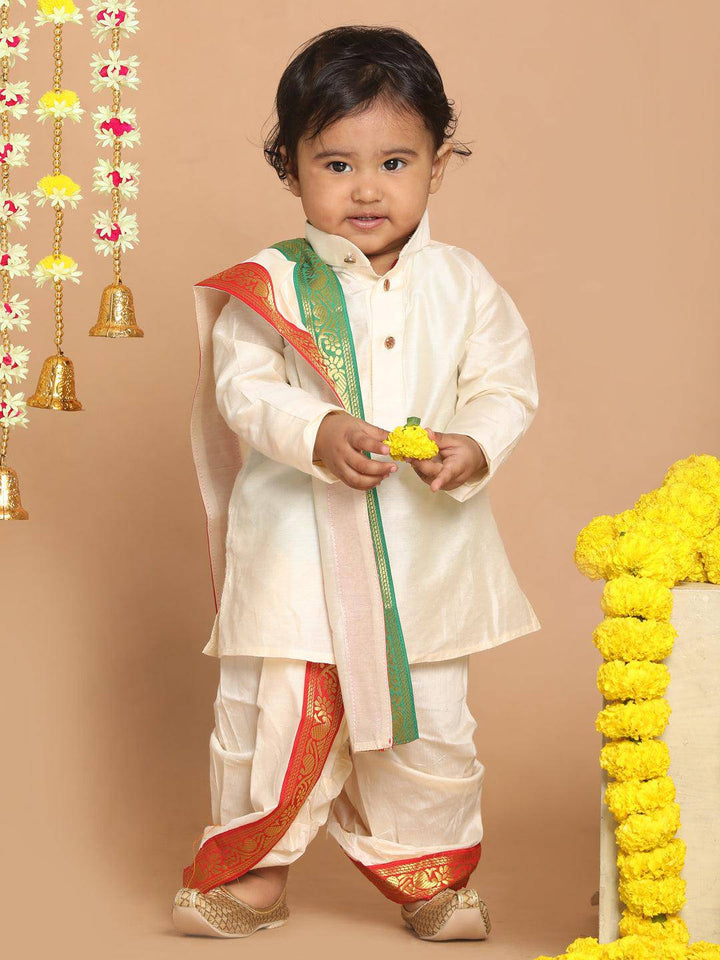 VASTRAMAY SISHU Boy's Gold-Toned Kurta with Dhoti Pants & With Dupatta - Uboric