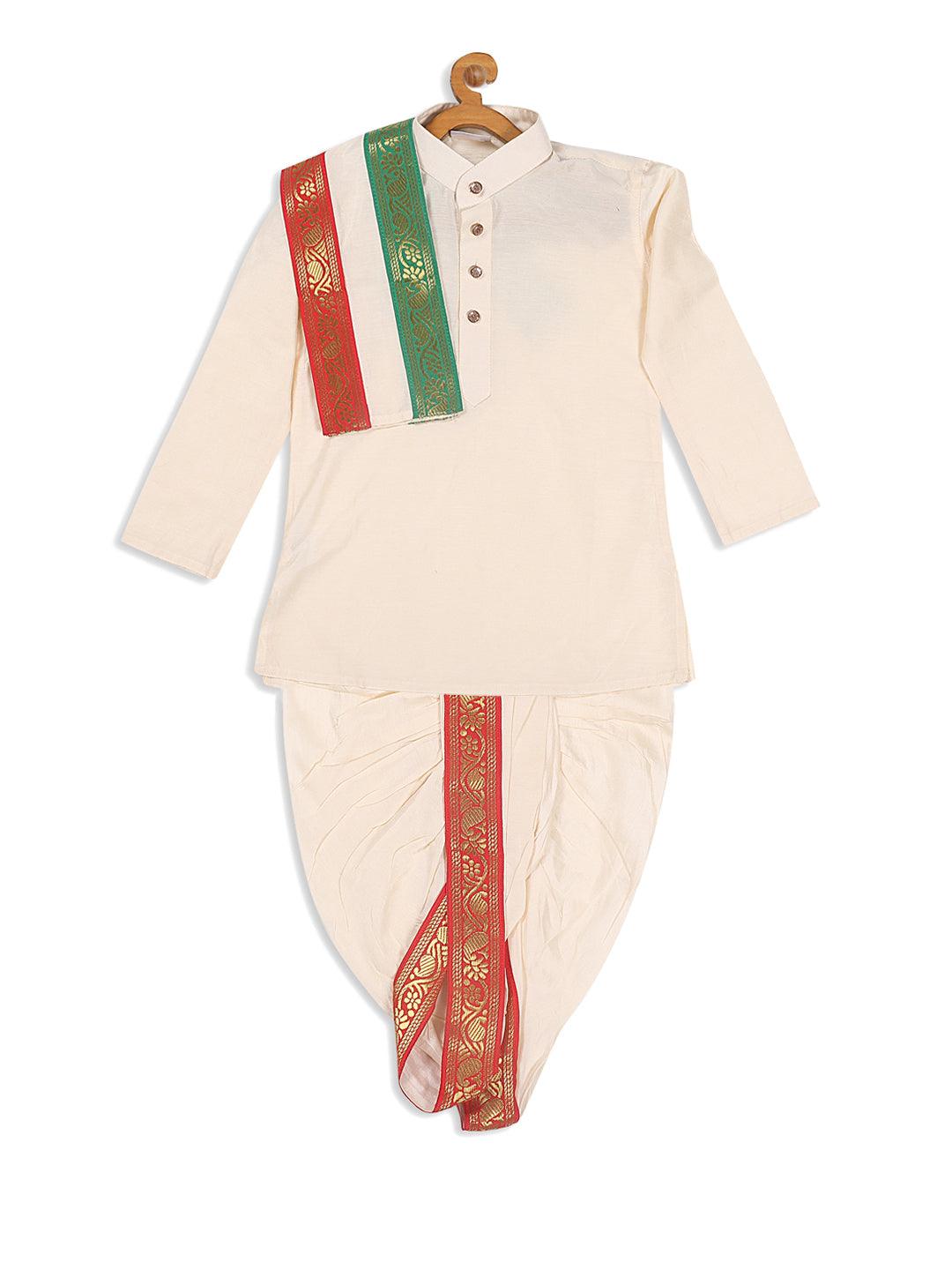 VASTRAMAY SISHU Boy's Gold-Toned Kurta with Dhoti Pants & With Dupatta - Uboric