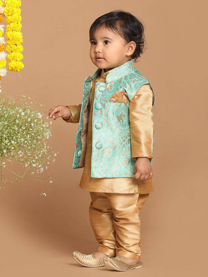 VASTRAMAY SISHU Boy's Green & Gold-Toned Woven Design Slim-Fit Nehru Jacket - Uboric