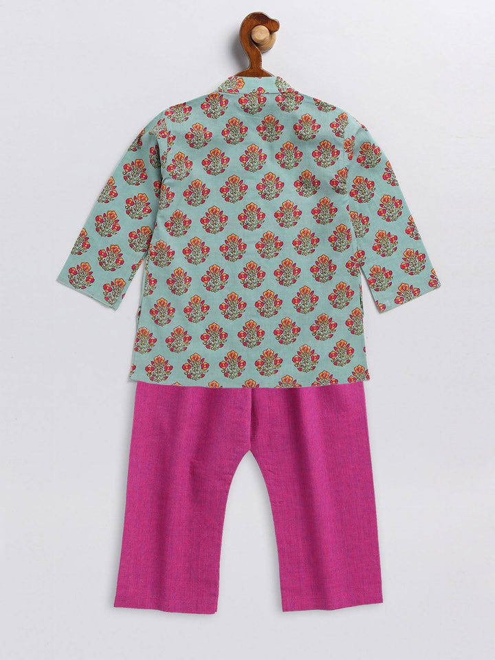 VASTRAMAY SISHU Boy's Green and Magenta Floral Printed Cotton Kurta Pyjama Set - Uboric