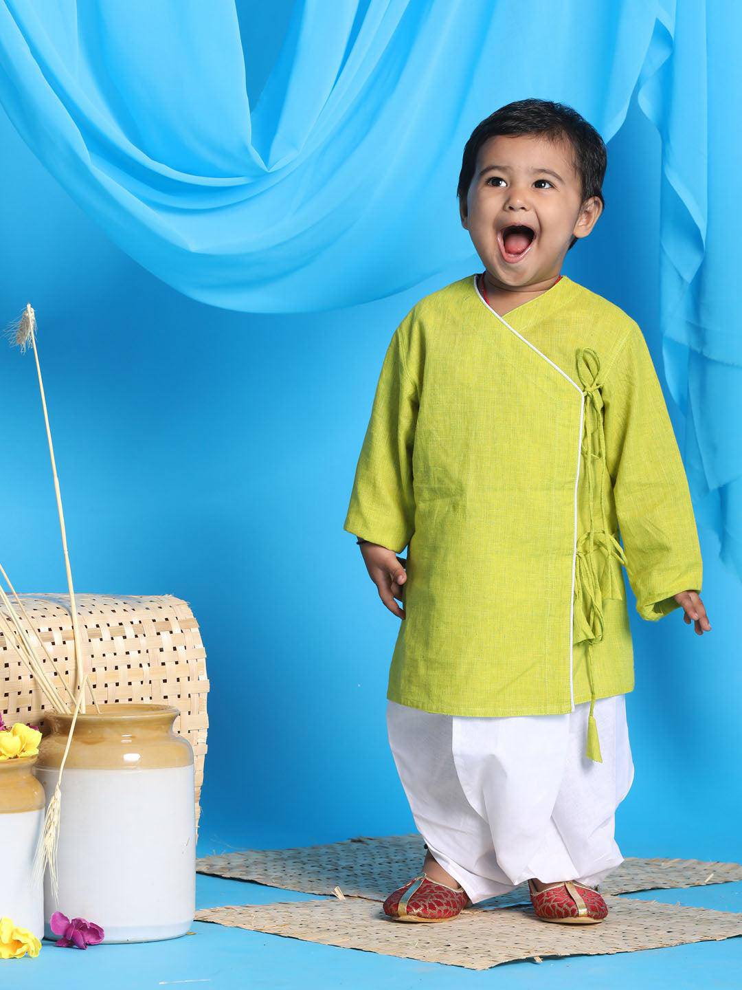 VASTRAMAY SISHU Boy's Green Angrakha Style Krishna Kurta and White Dhoti Set - Uboric