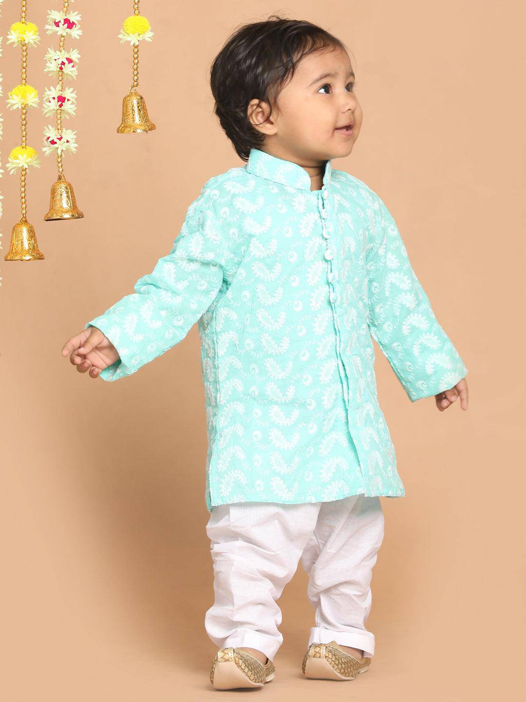 VASTRAMAY SISHU Boy's Green Chikankari Pure Cotton Kurta With White Pyjama Set - Uboric