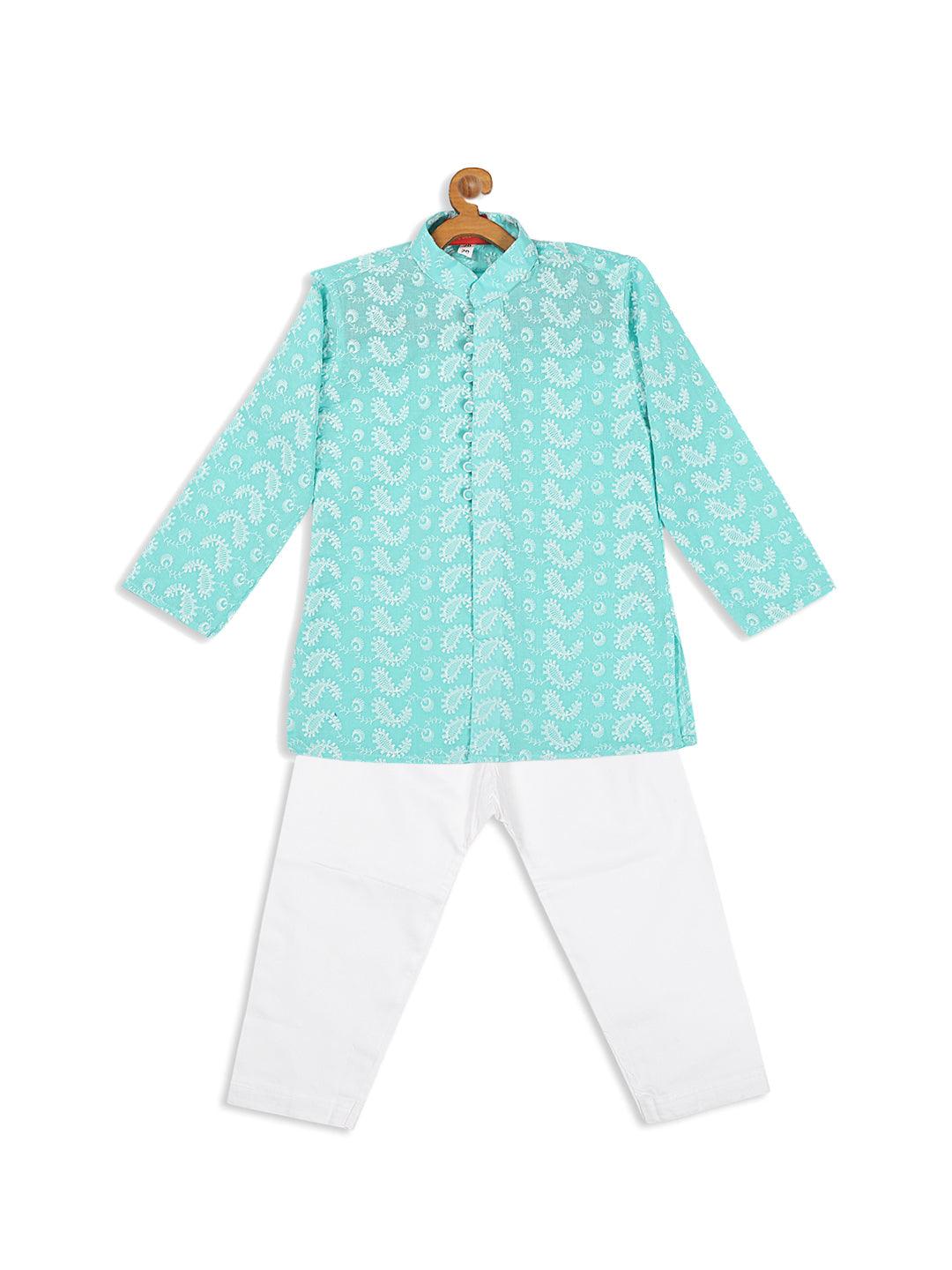 VASTRAMAY SISHU Boy's Green Chikankari Pure Cotton Kurta With White Pyjama Set - Uboric