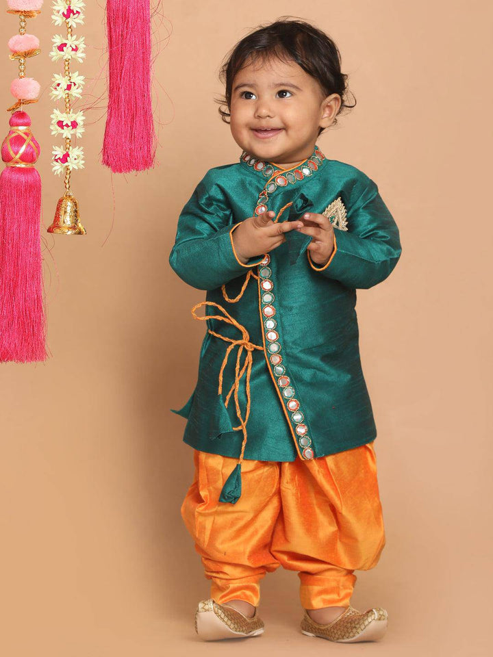 VASTRAMAY SISHU Boy's Green Embroidered Angrakha Mirror Work Kurta with Dhoti Pants - Uboric