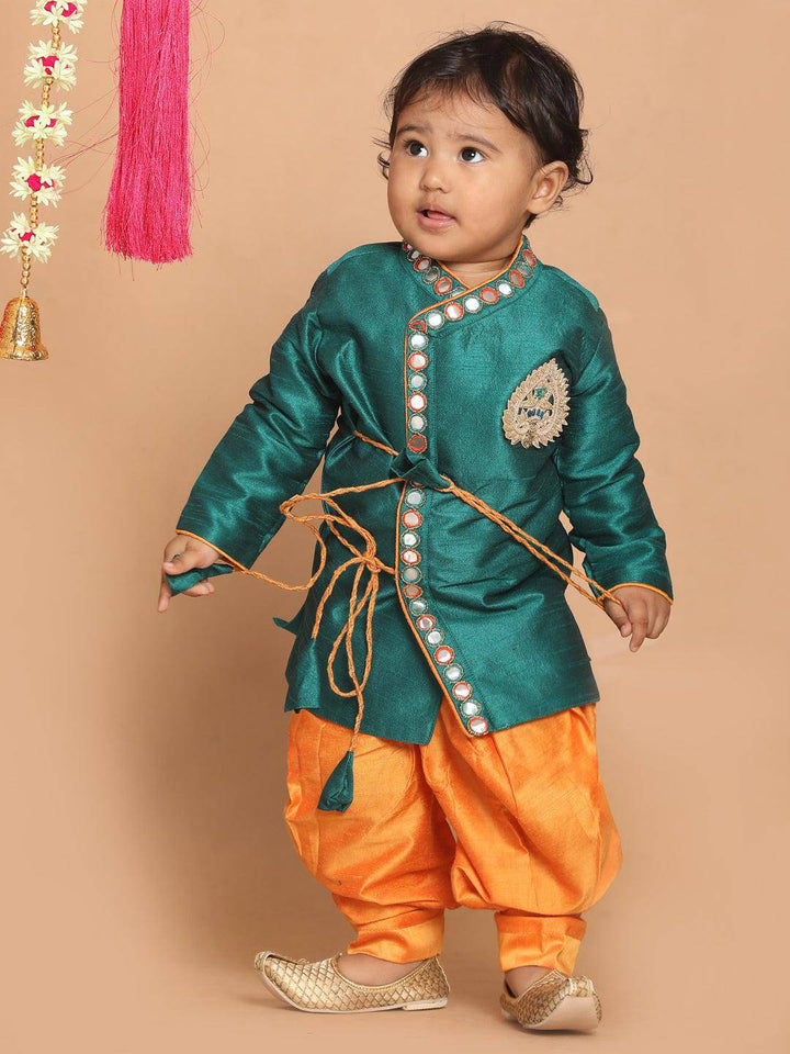 VASTRAMAY SISHU Boy's Green Embroidered Angrakha Mirror Work Kurta with Dhoti Pants - Uboric