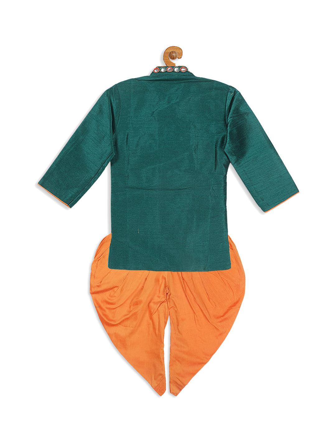 VASTRAMAY SISHU Boy's Green Embroidered Angrakha Mirror Work Kurta with Dhoti Pants - Uboric