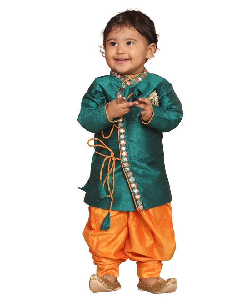 VASTRAMAY SISHU Boy's Green Embroidered Angrakha Mirror Work Kurta with Dhoti Pants - Uboric