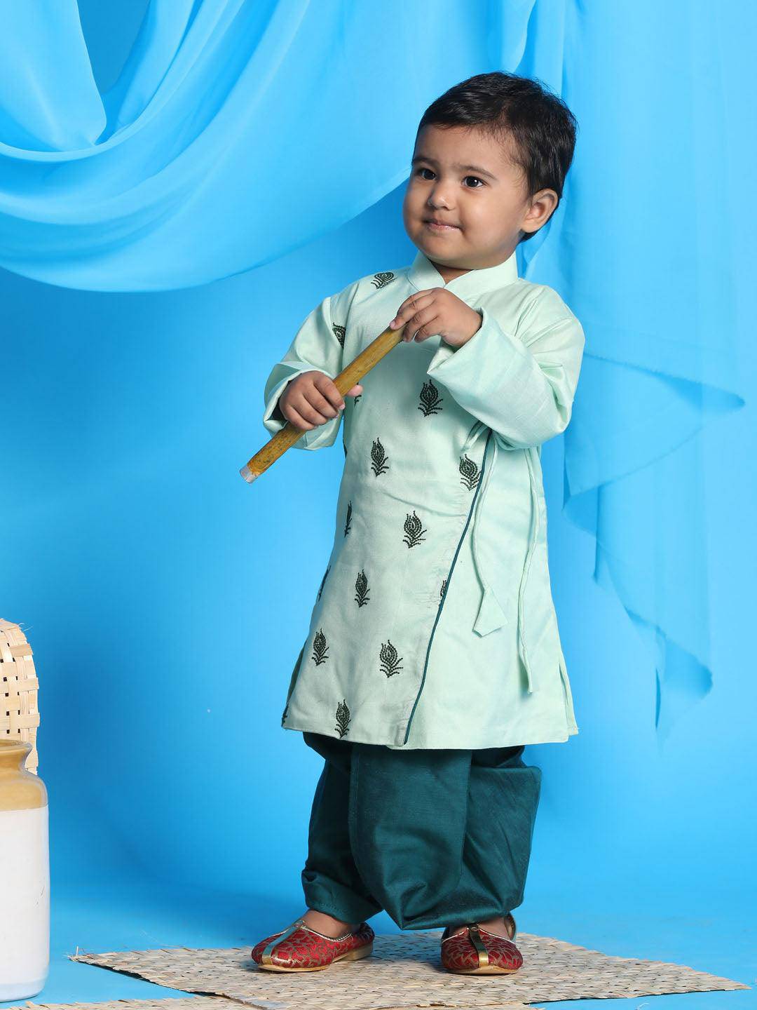 VASTRAMAY SISHU Boy's Green Embroidered Angrakha Style Krishna Kurta and Green Dhoti Set - Uboric