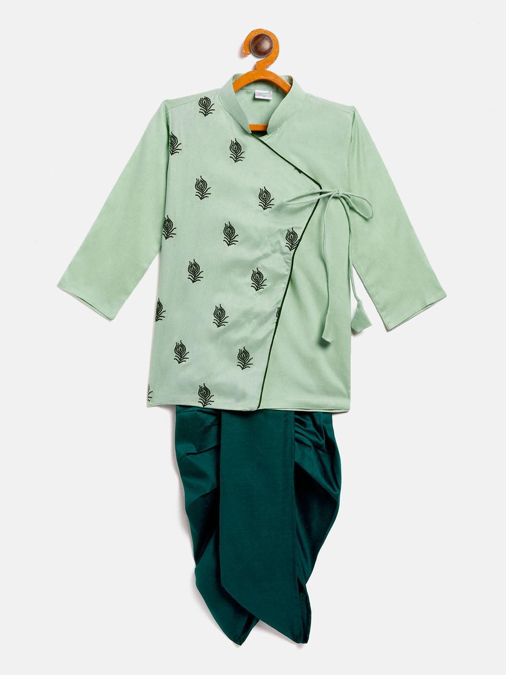 VASTRAMAY SISHU Boy's Green Embroidered Angrakha Style Krishna Kurta and Green Dhoti Set - Uboric