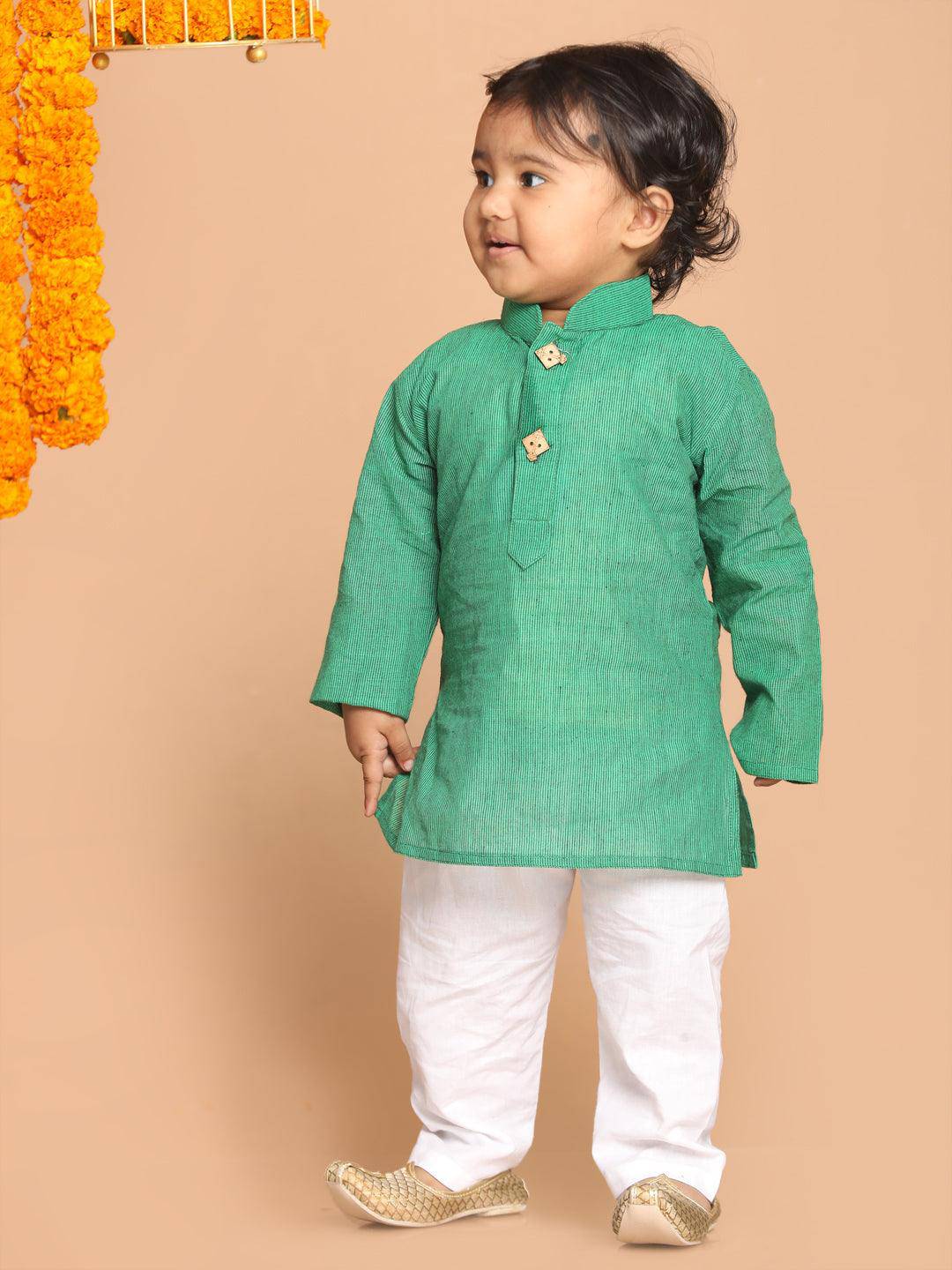 VASTRAMAY SISHU Boy's Green Striped Pure Cotton Kurta With Pyjama Set - Uboric