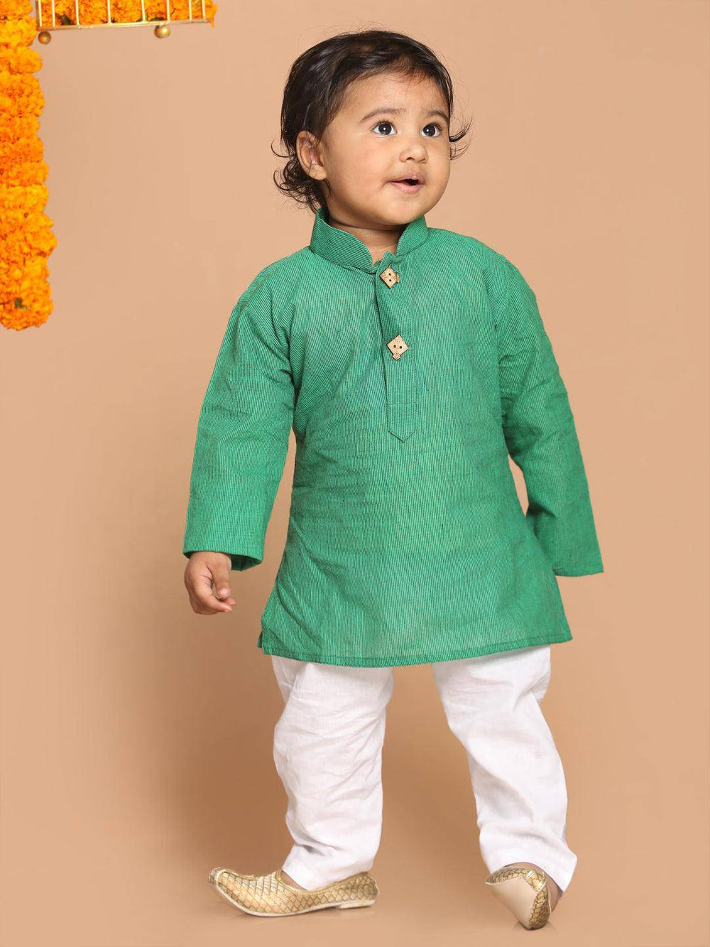 VASTRAMAY SISHU Boy's Green Striped Pure Cotton Kurta With Pyjama Set - Uboric