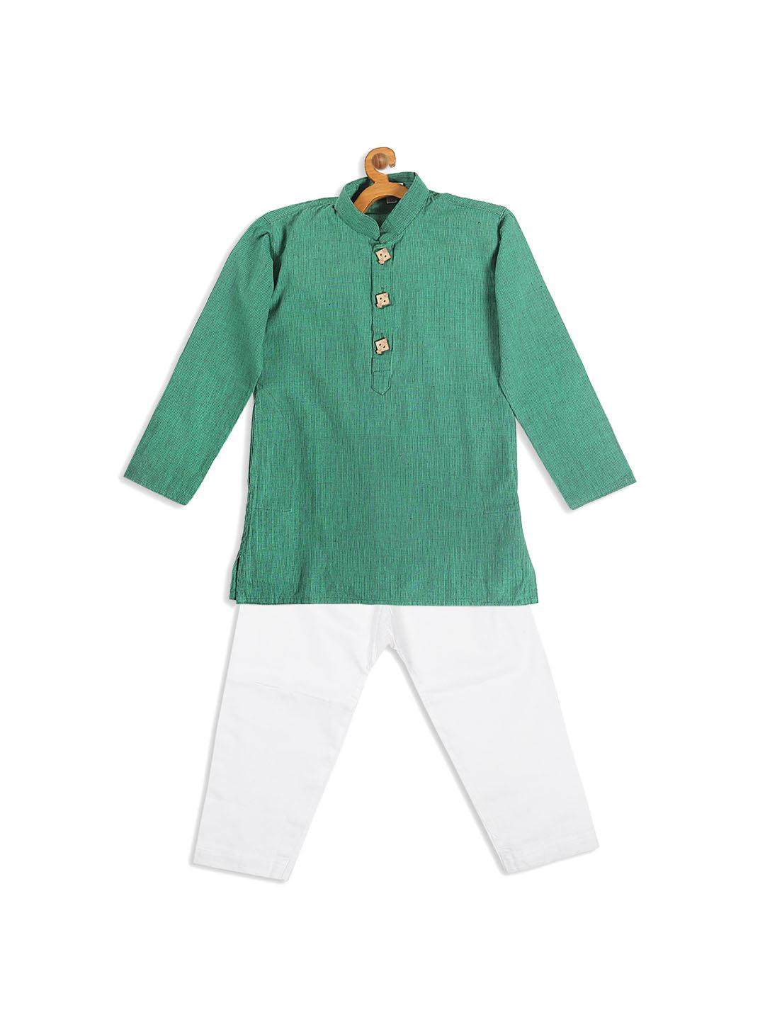 VASTRAMAY SISHU Boy's Green Striped Pure Cotton Kurta With Pyjama Set - Uboric