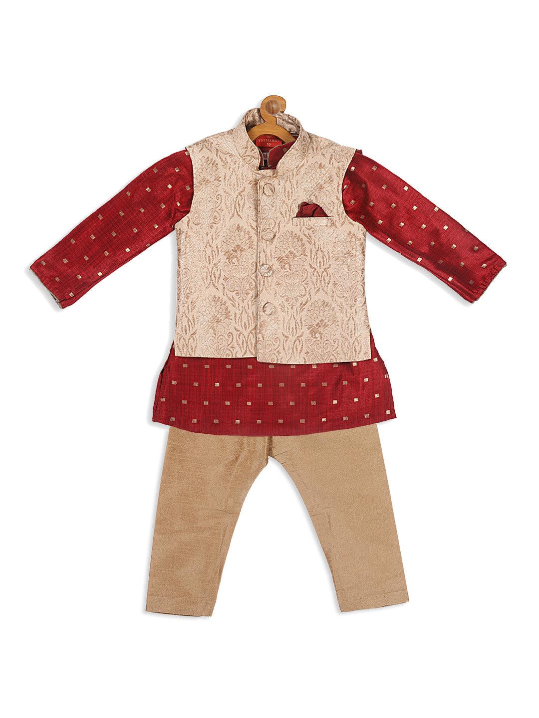 VASTRAMAY SISHU Boy's Maroon Ethnic Motifs Woven Design Kurta with Rose Gold Pyjama And Jacket - Uboric