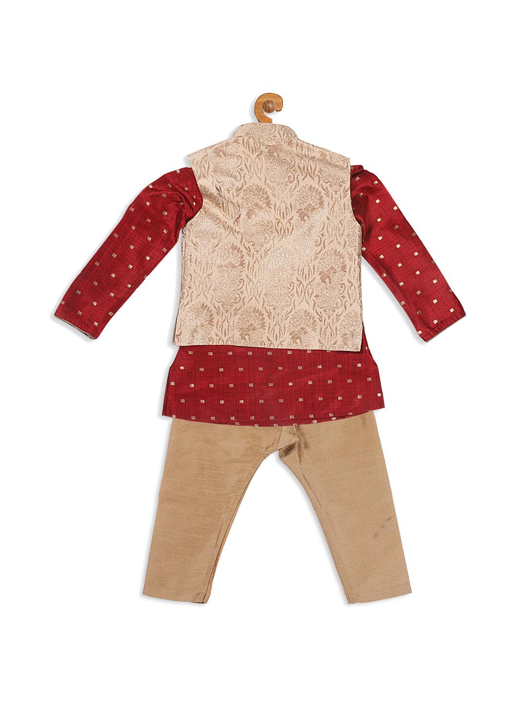 VASTRAMAY SISHU Boy's Maroon Ethnic Motifs Woven Design Kurta with Rose Gold Pyjama And Jacket - Uboric