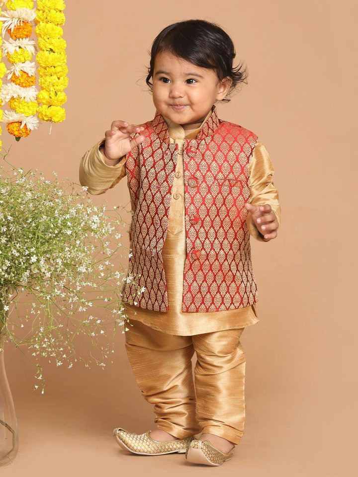 VASTRAMAY SISHU Boy's Maroon Jacket And Rose Gold Ethnic Kurta With Pyjama Set - Uboric