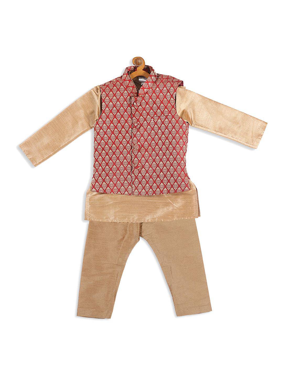 VASTRAMAY SISHU Boy's Maroon Jacket And Rose Gold Ethnic Kurta With Pyjama Set - Uboric