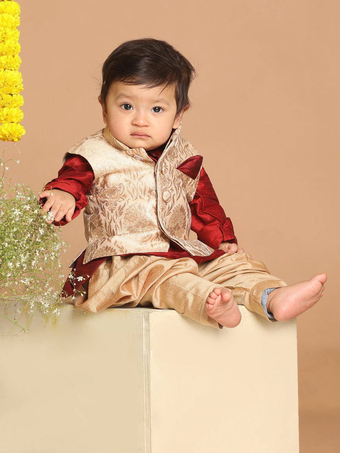 VASTRAMAY SISHU Boy's Maroon Kurta With Rose Gold Dhoti Pant & Nehru Jacket Set - Uboric