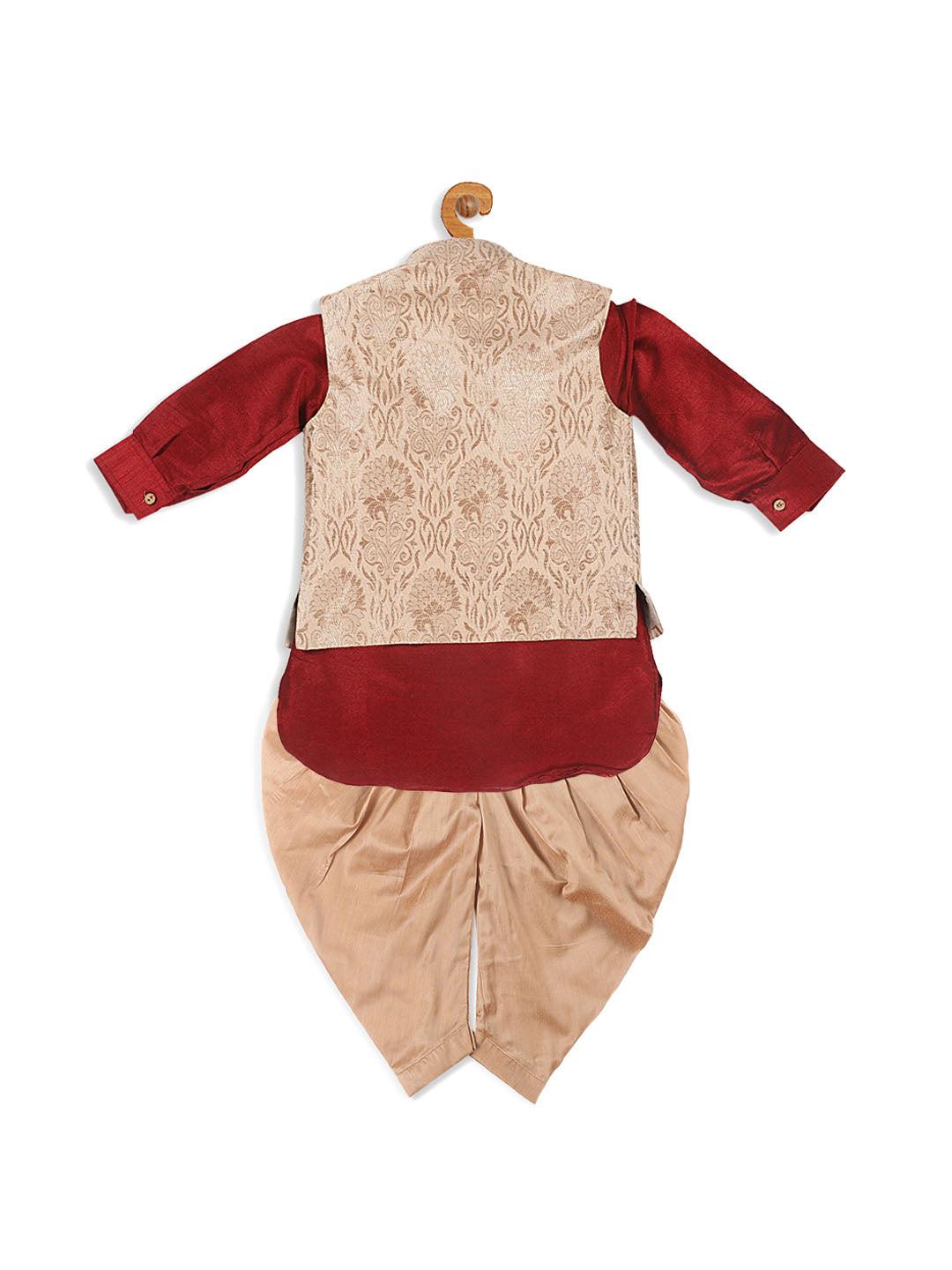 VASTRAMAY SISHU Boy's Maroon Kurta With Rose Gold Dhoti Pant & Nehru Jacket Set - Uboric