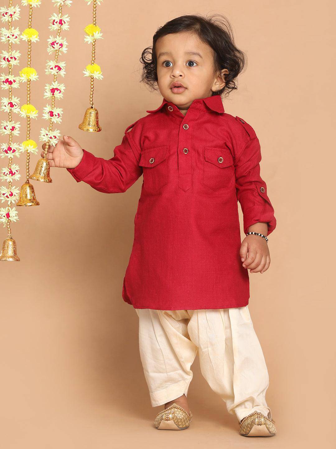 VASTRAMAY SISHU Boy's Maroon Pathani Kurta With Patiala Set - Uboric