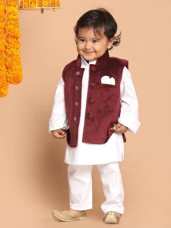 VASTRAMAY SISHU Boy's Maroon Printed Kurta with Pyjamas & Nehru Jacket - Uboric