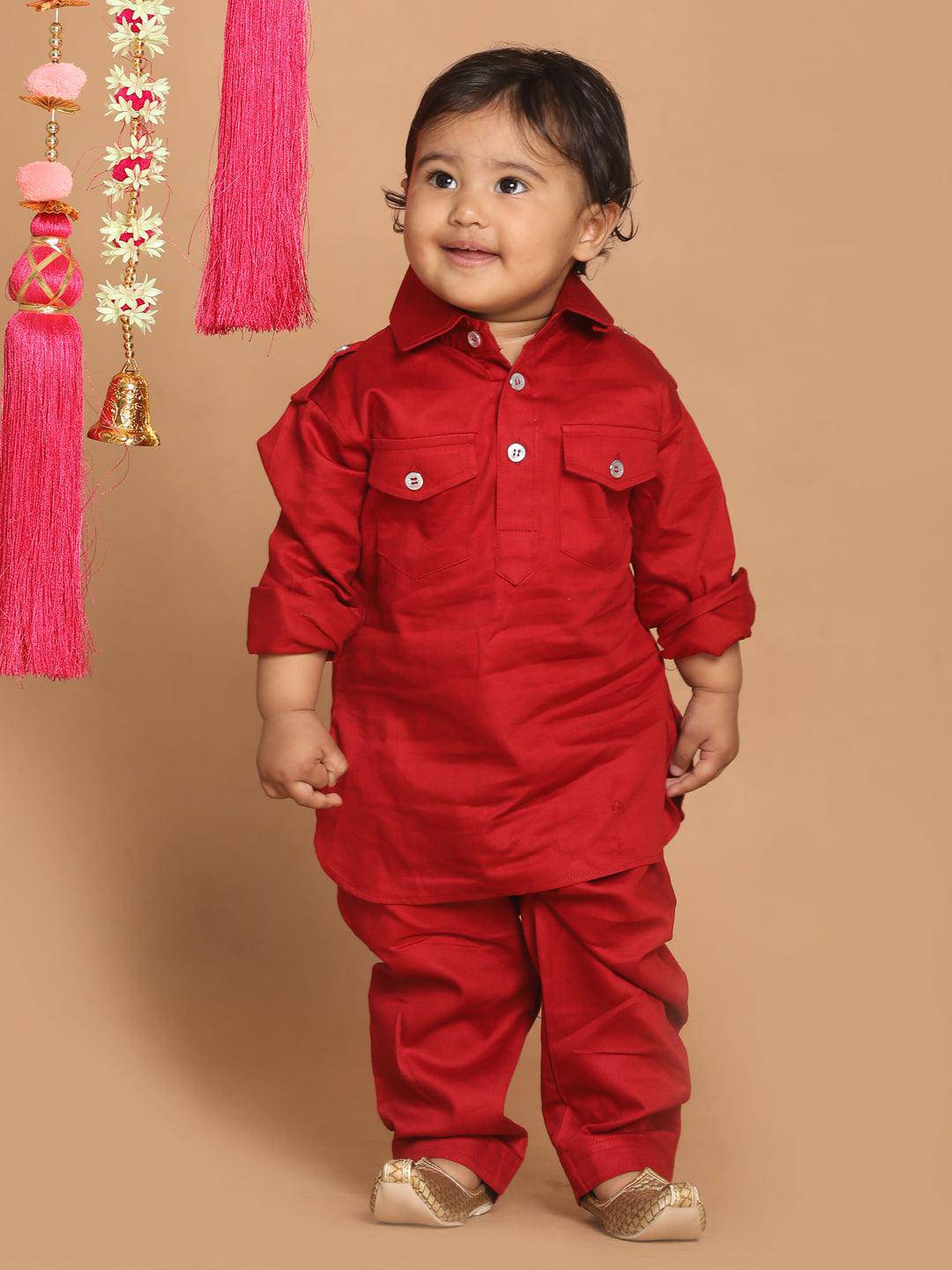 VASTRAMAY SISHU Boy's Maroon Pure Cotton Pathani Kurta With Pyjama Set - Uboric