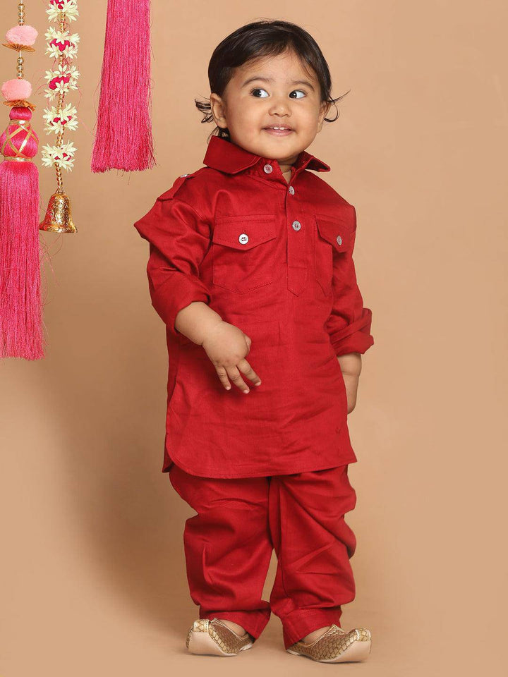 VASTRAMAY SISHU Boy's Maroon Pure Cotton Pathani Kurta With Pyjama Set - Uboric