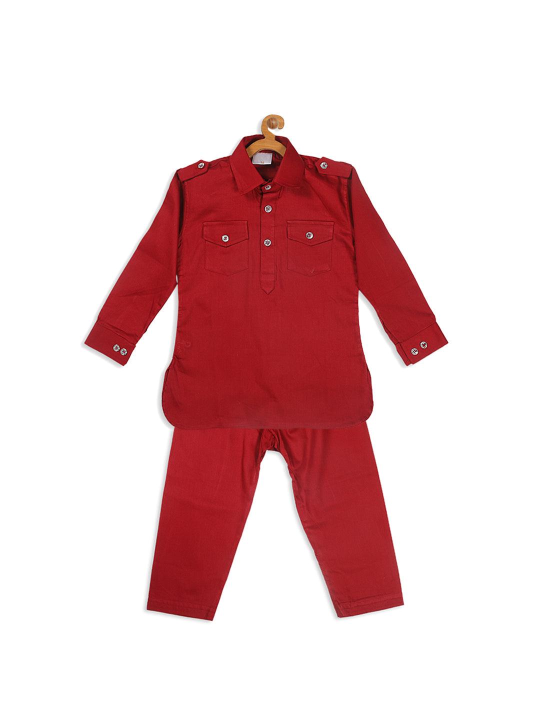 VASTRAMAY SISHU Boy's Maroon Pure Cotton Pathani Kurta With Pyjama Set - Uboric