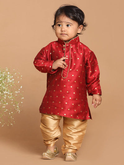 VASTRAMAY SISHU Boy's Maroon Woven Design Kurta With Rose Gold Pyjama Set - Uboric