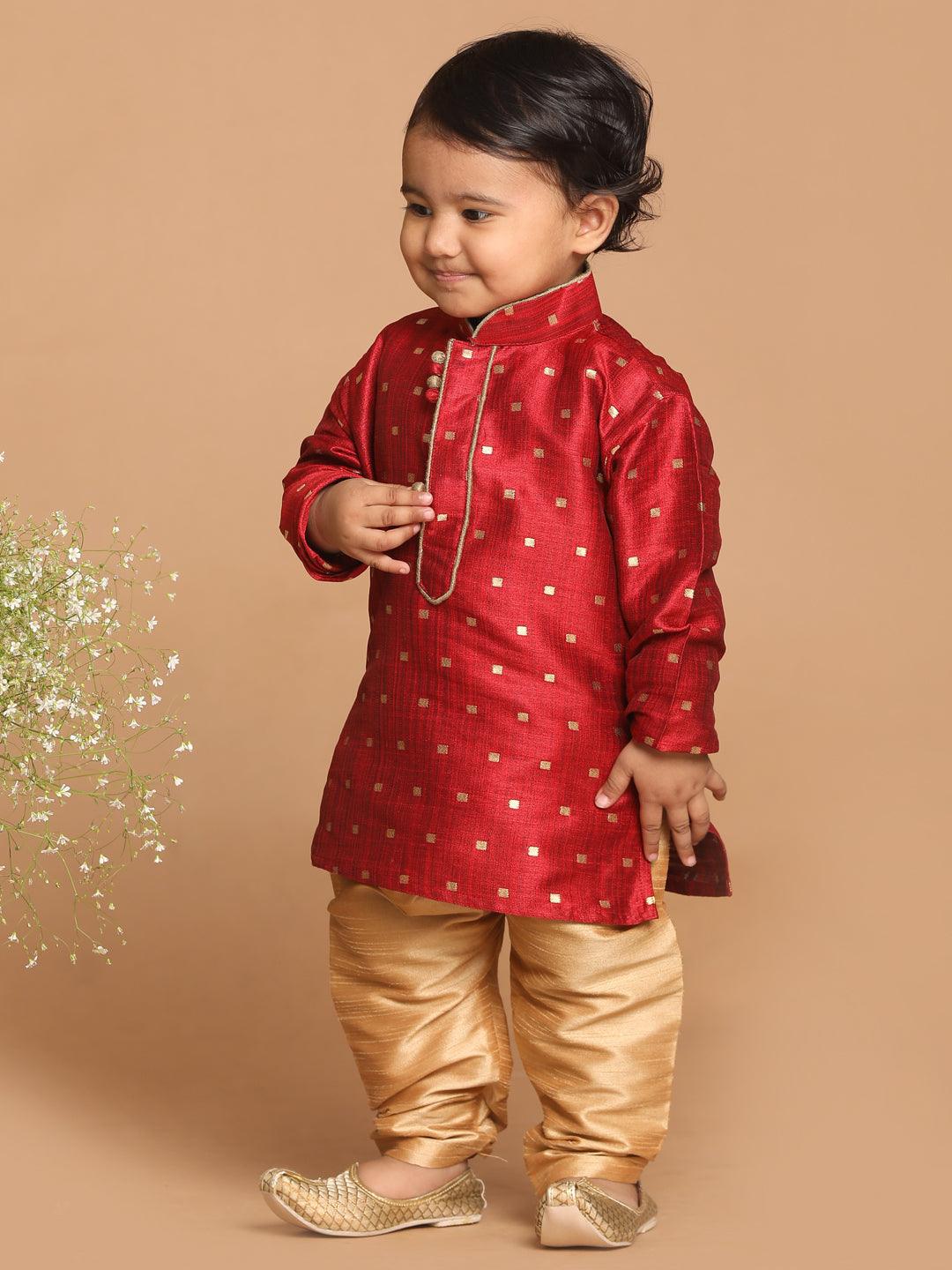 VASTRAMAY SISHU Boy's Maroon Woven Design Kurta With Rose Gold Pyjama Set - Uboric