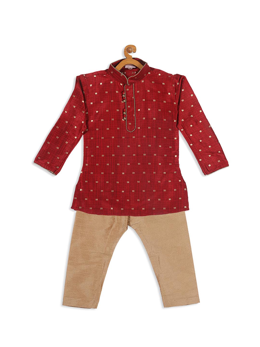 VASTRAMAY SISHU Boy's Maroon Woven Design Kurta With Rose Gold Pyjama Set - Uboric