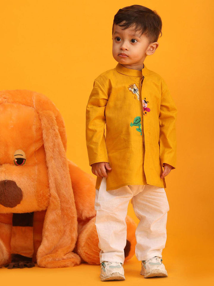 VASTRAMAY SISHU Boy's Mustard and White Cotton Kurta Pyjama Set - Uboric