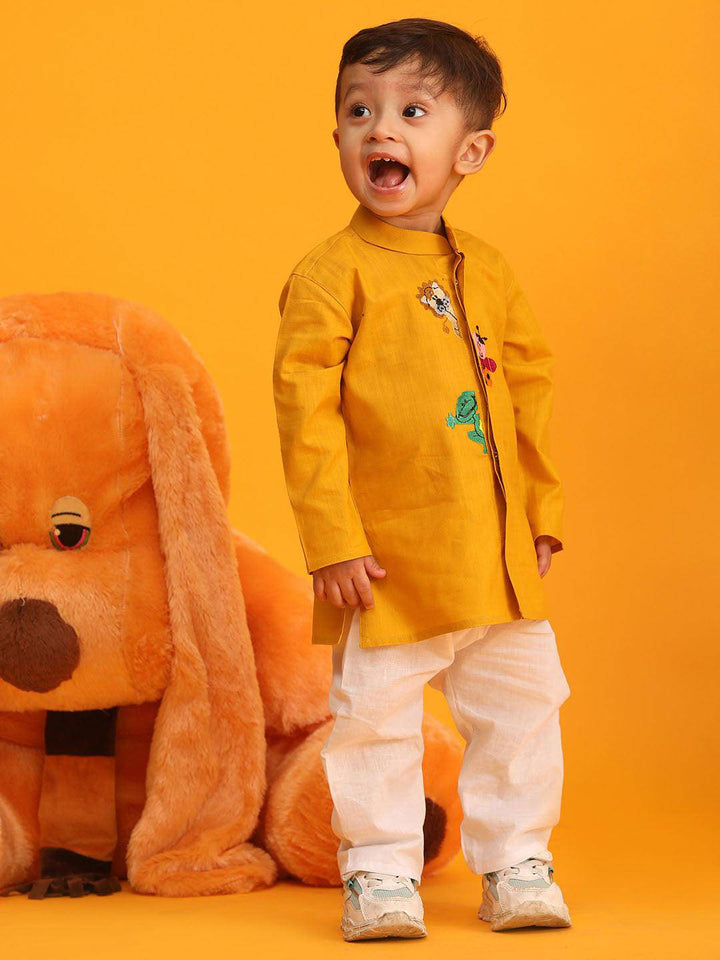 VASTRAMAY SISHU Boy's Mustard and White Cotton Kurta Pyjama Set - Uboric