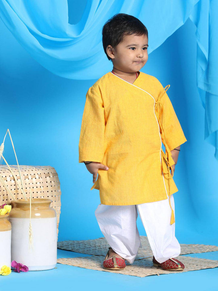 VASTRAMAY SISHU Boy's Mustard Angrakha Style Krishna Kurta and White Dhoti Set - Uboric