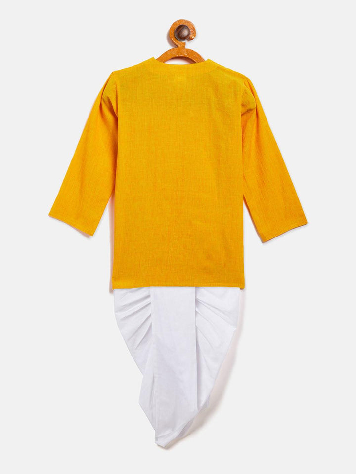 VASTRAMAY SISHU Boy's Mustard Angrakha Style Krishna Kurta and White Dhoti Set - Uboric