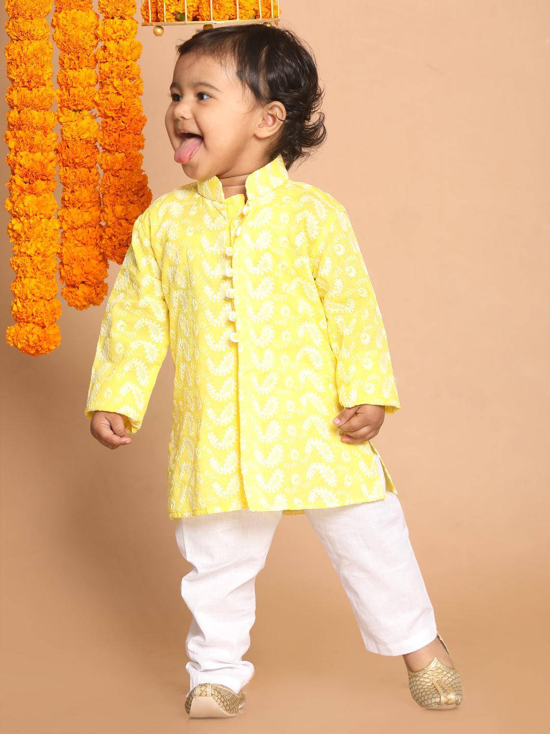 VASTRAMAY SISHU Boy's Mustard Floral Chikankari Pure Cotton Kurta with Pyjama - Uboric