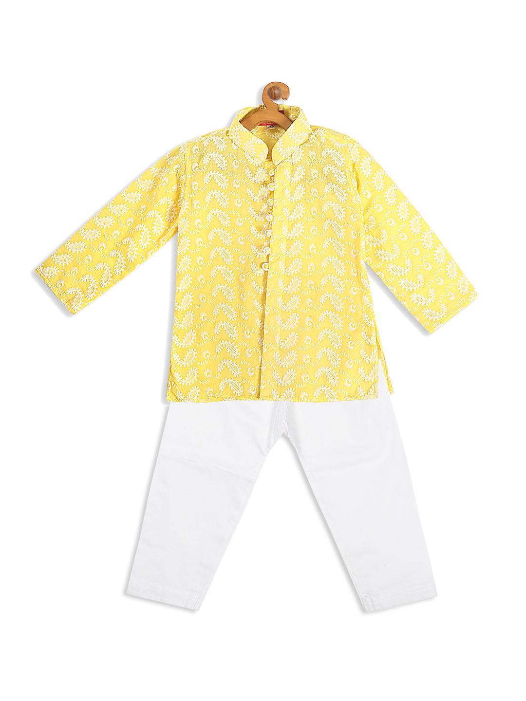 VASTRAMAY SISHU Boy's Mustard Floral Chikankari Pure Cotton Kurta with Pyjama - Uboric