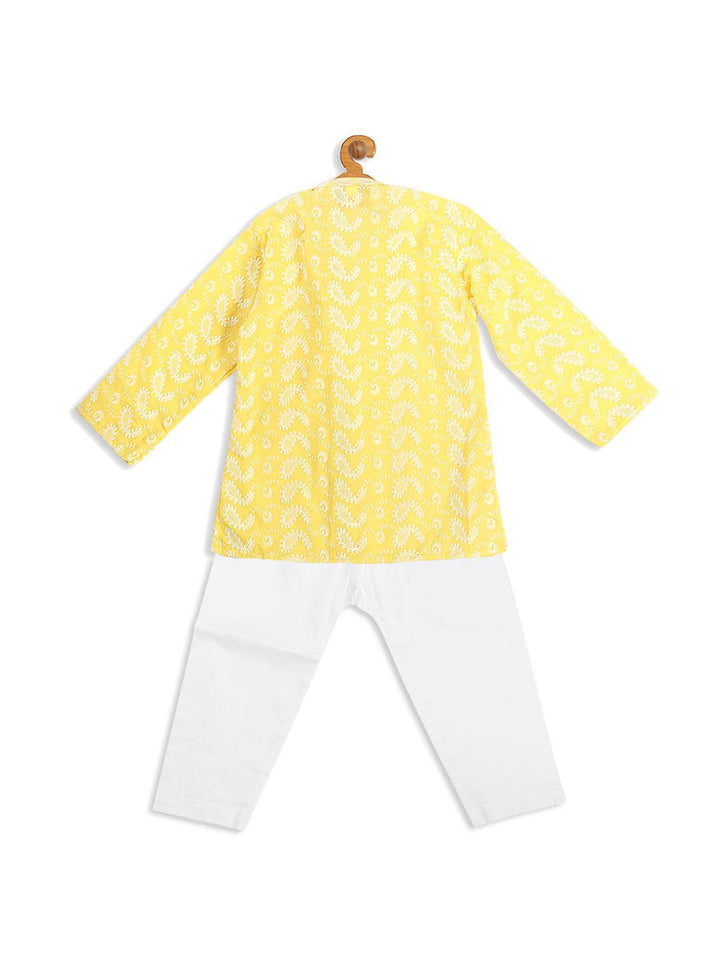 VASTRAMAY SISHU Boy's Mustard Floral Chikankari Pure Cotton Kurta with Pyjama - Uboric