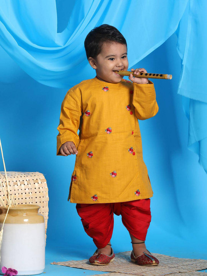 VASTRAMAY SISHU Boy's Mustard Floral Motif Embroidered Kurta and Red Dhoti Set - Uboric