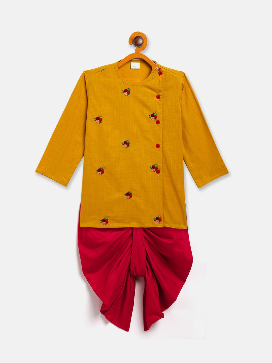 VASTRAMAY SISHU Boy's Mustard Floral Motif Embroidered Kurta and Red Dhoti Set - Uboric