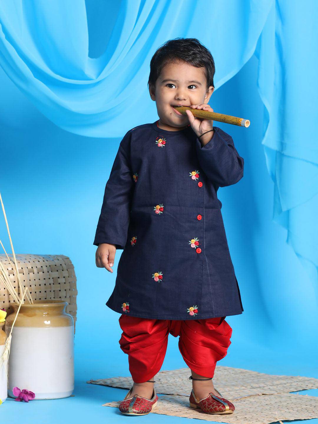 VASTRAMAY SISHU Boy's Navy Blue Floral Motif Embroidered Kurta and Red Dhoti Set - Uboric