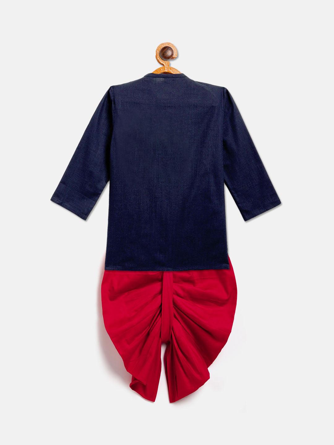 VASTRAMAY SISHU Boy's Navy Blue Floral Motif Embroidered Kurta and Red Dhoti Set - Uboric