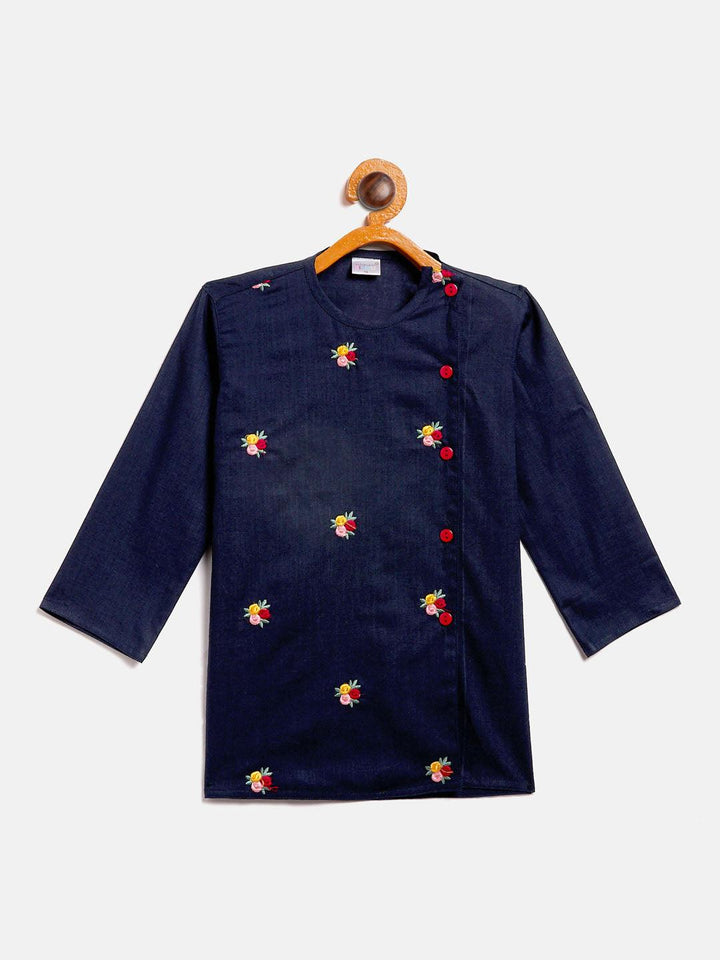 VASTRAMAY SISHU Boy's Navy Blue Floral Motif Embroidered Kurta and Red Dhoti Set - Uboric