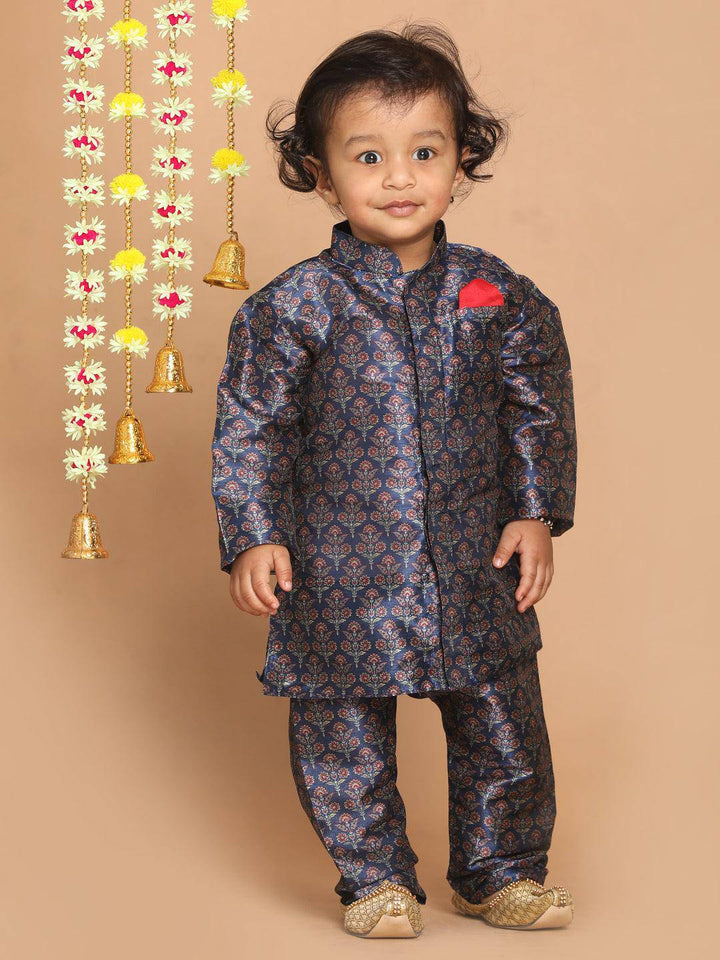 VASTRAMAY SISHU Boy's Navy Blue Floral Printed Kurta And Pyjama Set - Uboric