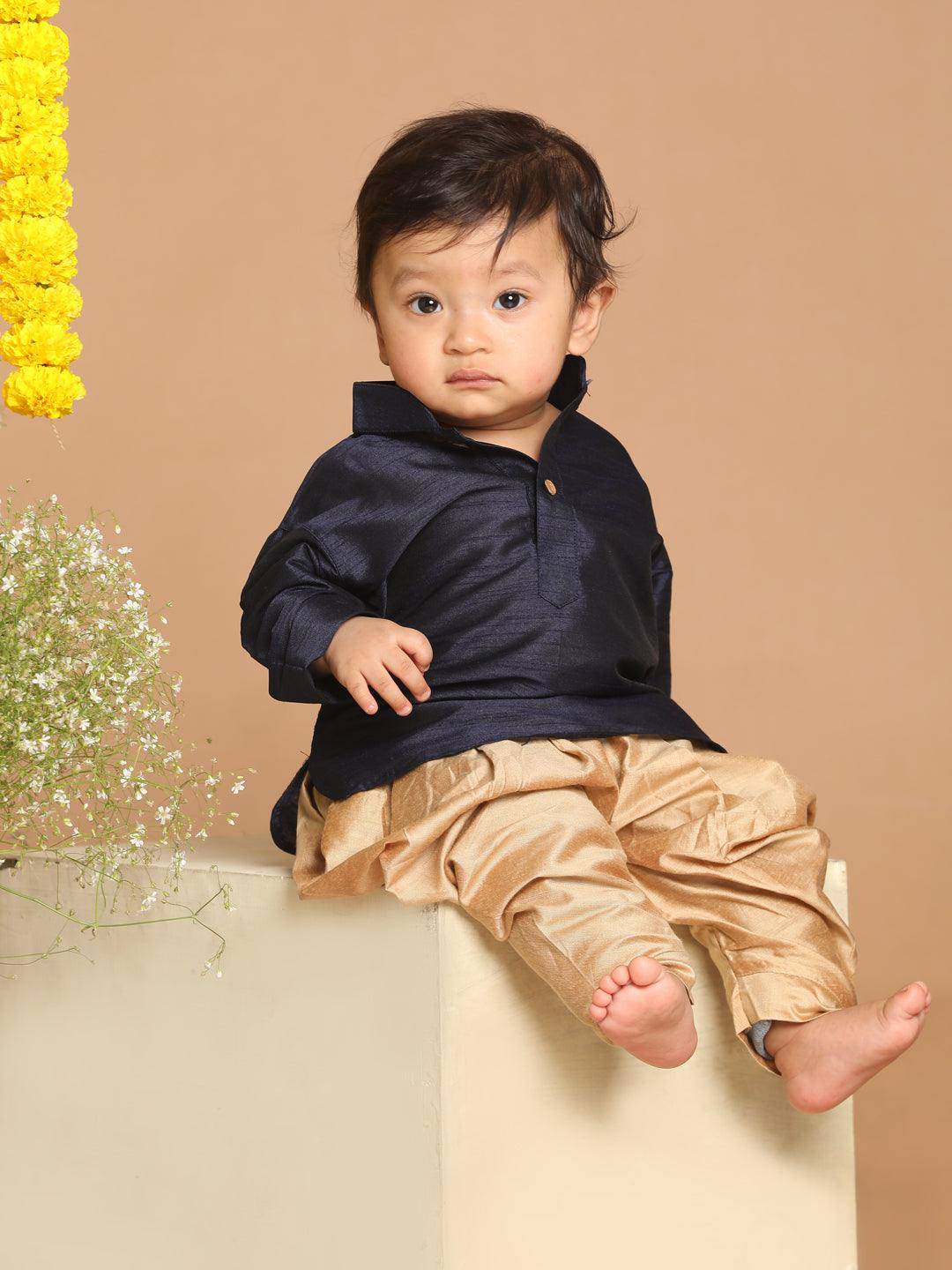 VASTRAMAY SISHU Boy's Navy Blue Kurta And Rose Gold Dhoti Set - Uboric