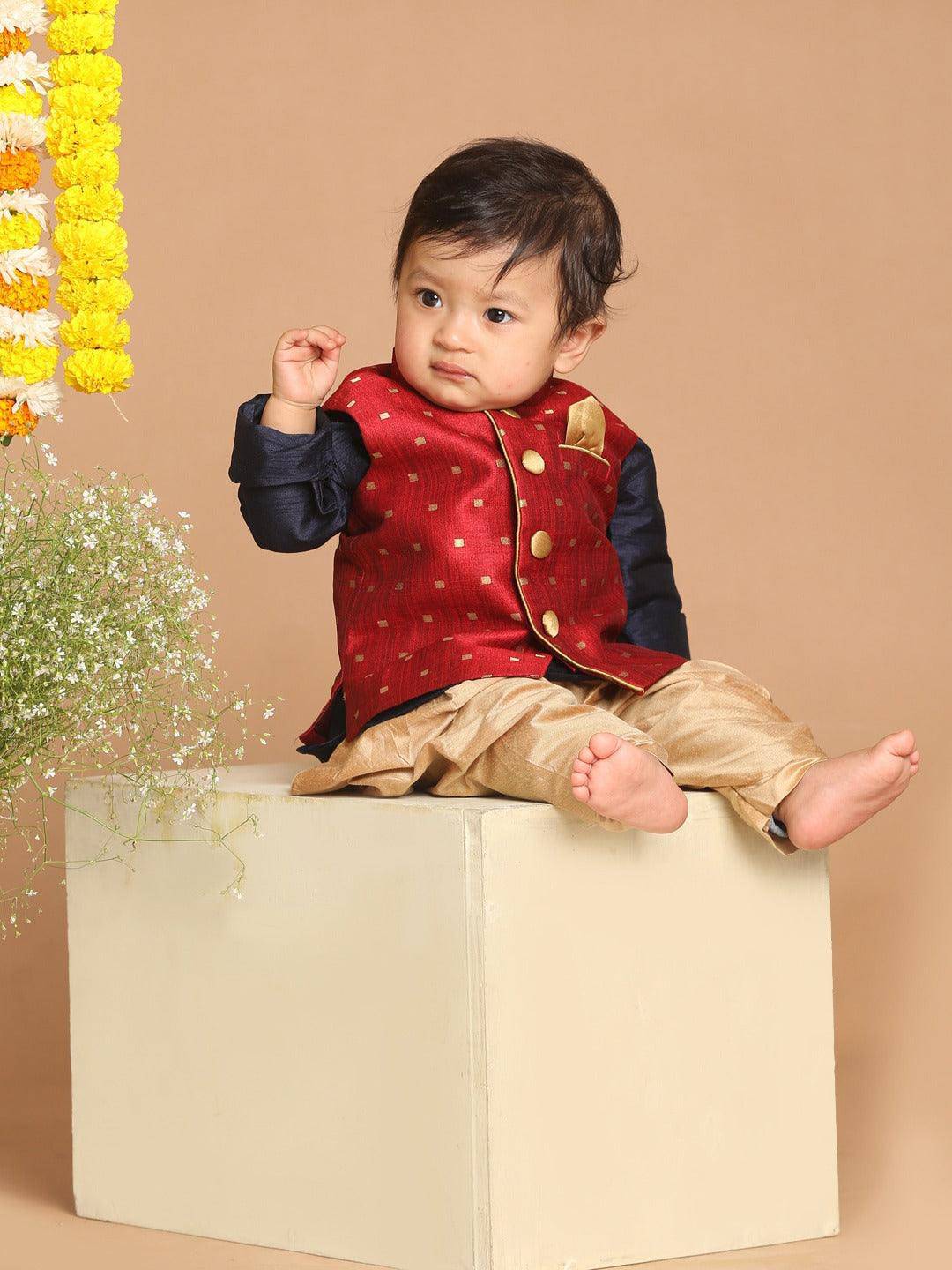 VASTRAMAY SISHU Boy's Navy Blue Kurta with Rose Gold Dhoti Pants & Maroon Nehru Jacket - Uboric